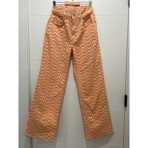 Ragged Jeans Pink Yellow Wavy Swirl Psychedelic Straight Leg Denim Pants Size 24